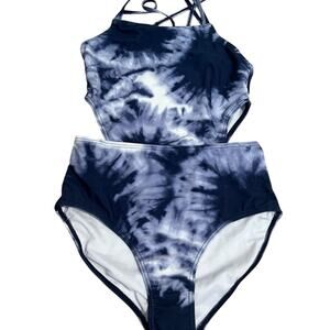 NWT Girls Kanu Swimwear Tie-Dye Swimsuit one piece size 16 blue and white